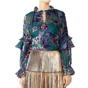 PatBo Women's Size Medium Green Pink Floral Asymmetrical Hem Blouse Top